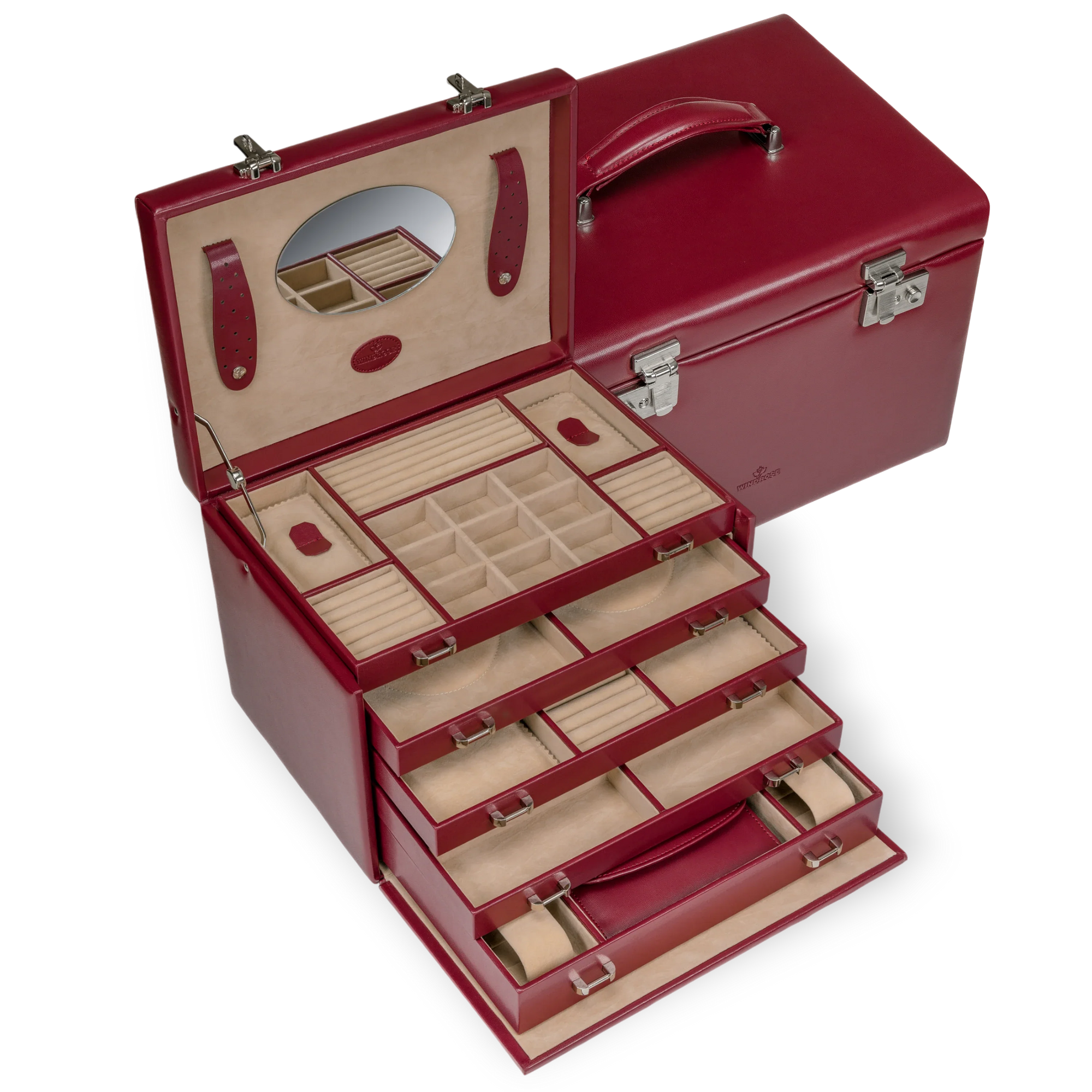 Jewelry/watch case with inlaid jewelry pouch Merino / red