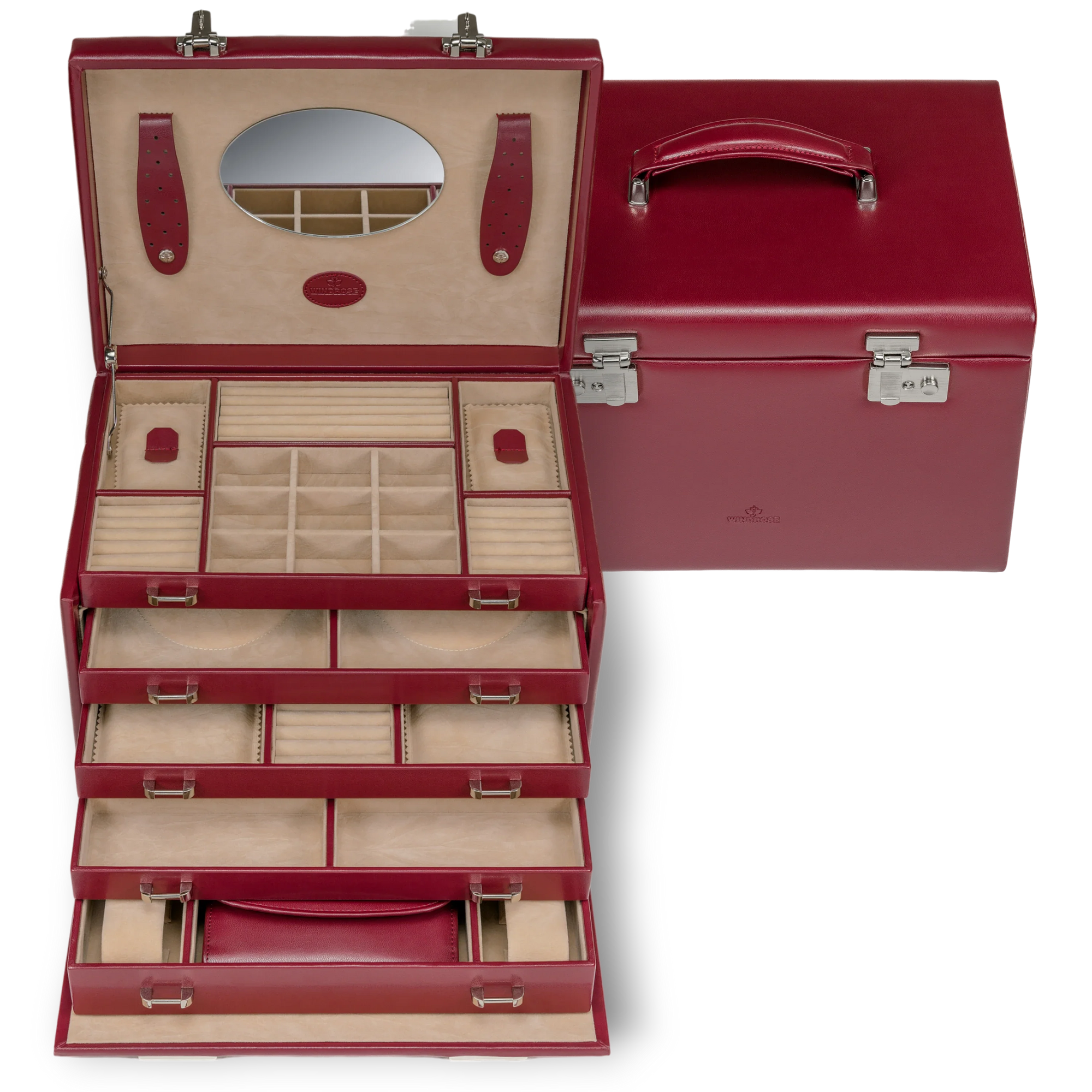 Jewelry/watch case with inlaid jewelry pouch Merino / red