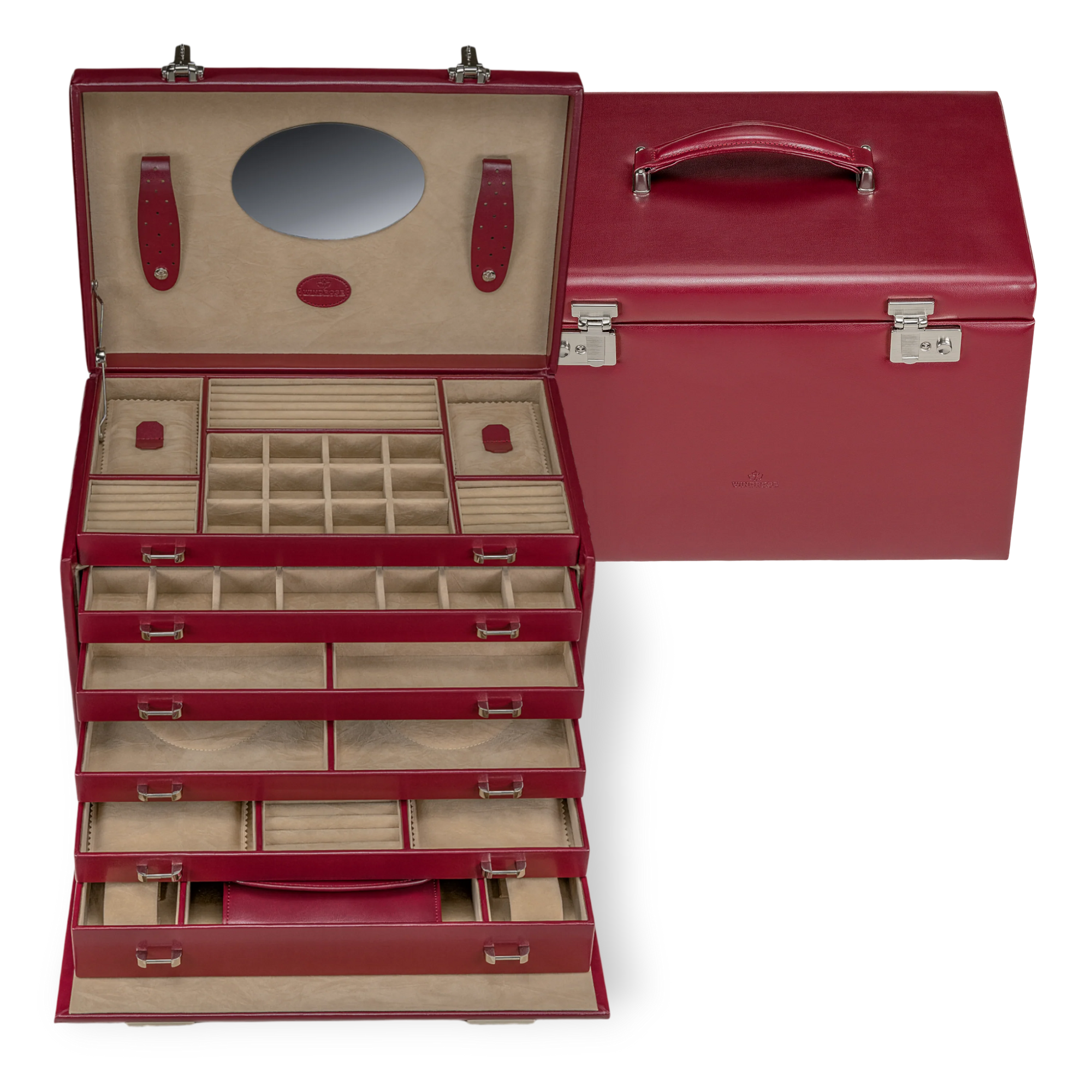 Schmuckkoffer XXL mit integrierter Schmucktasche Merino / rot