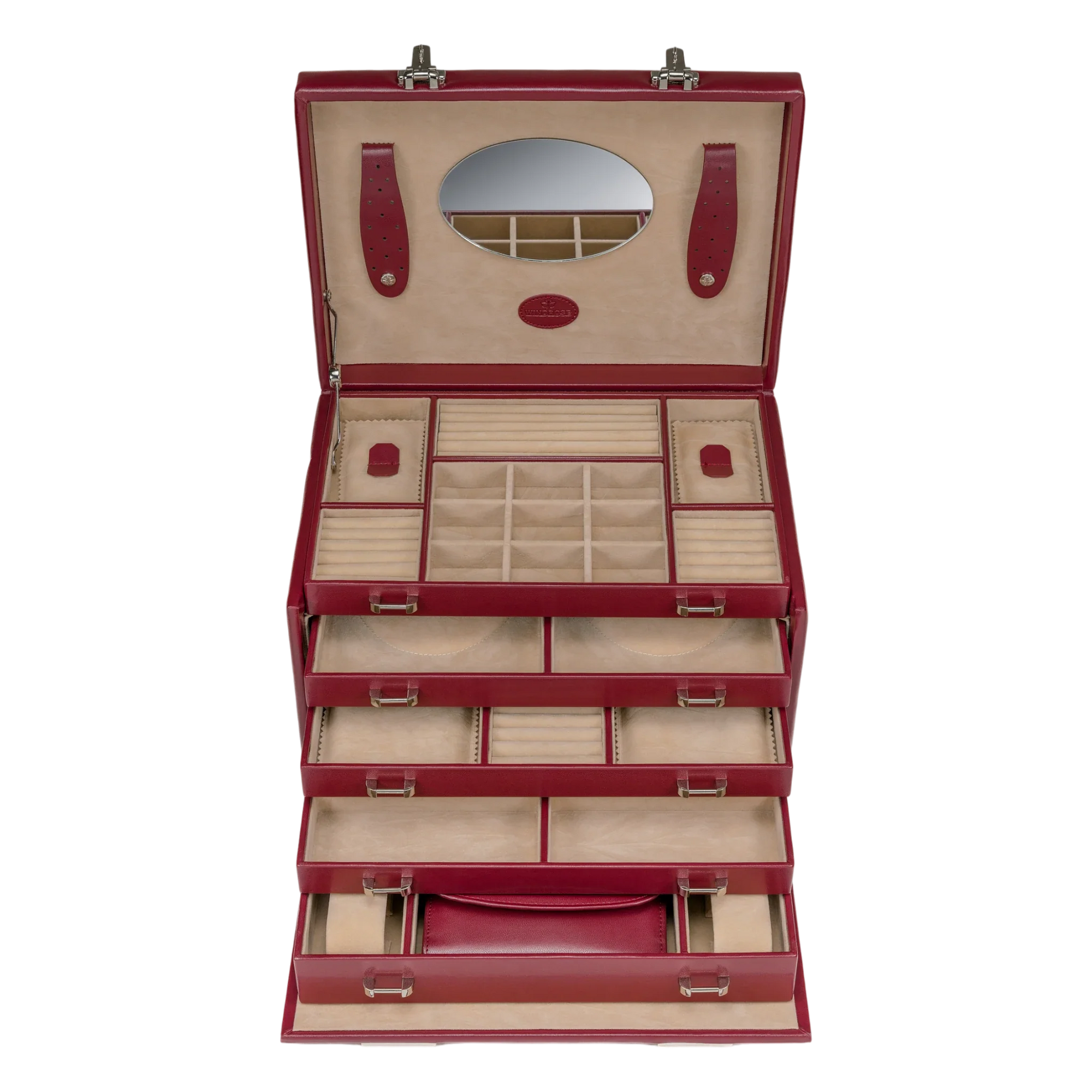 Jewelry/watch case with inlaid jewelry pouch Merino / red