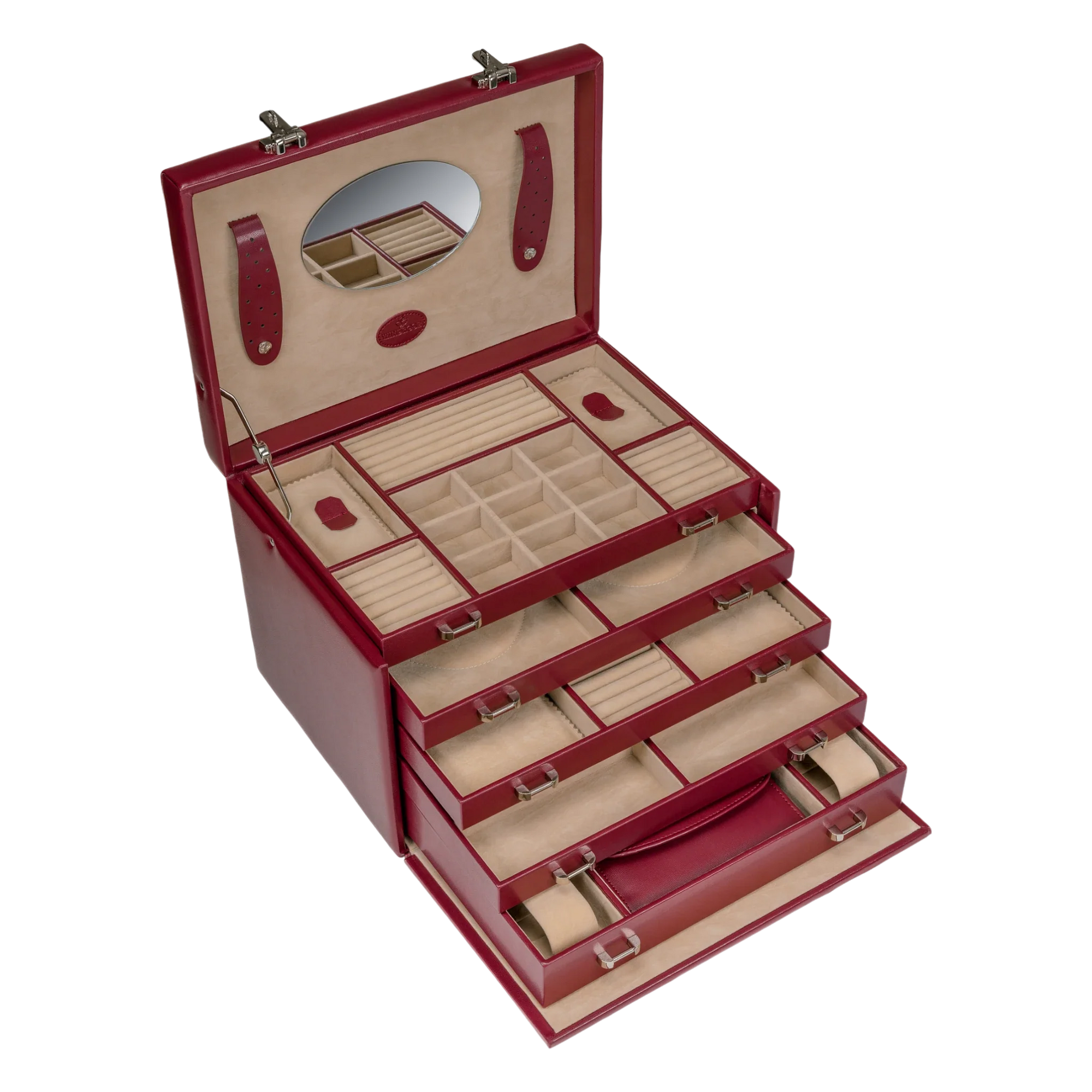 Jewelry/watch case with inlaid jewelry pouch Merino / red