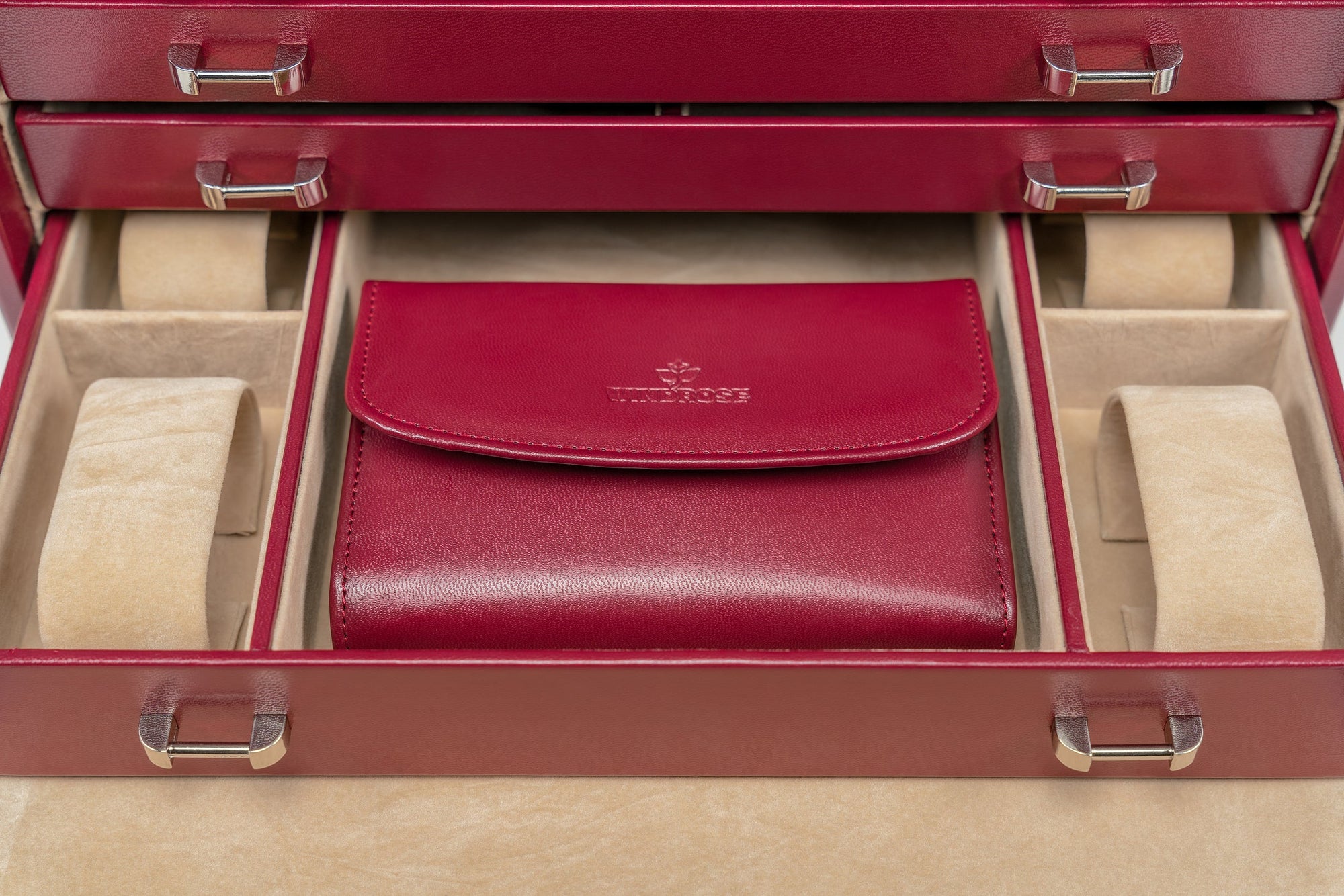 Jewelry/watch case with inlaid jewelry pouch Merino / red