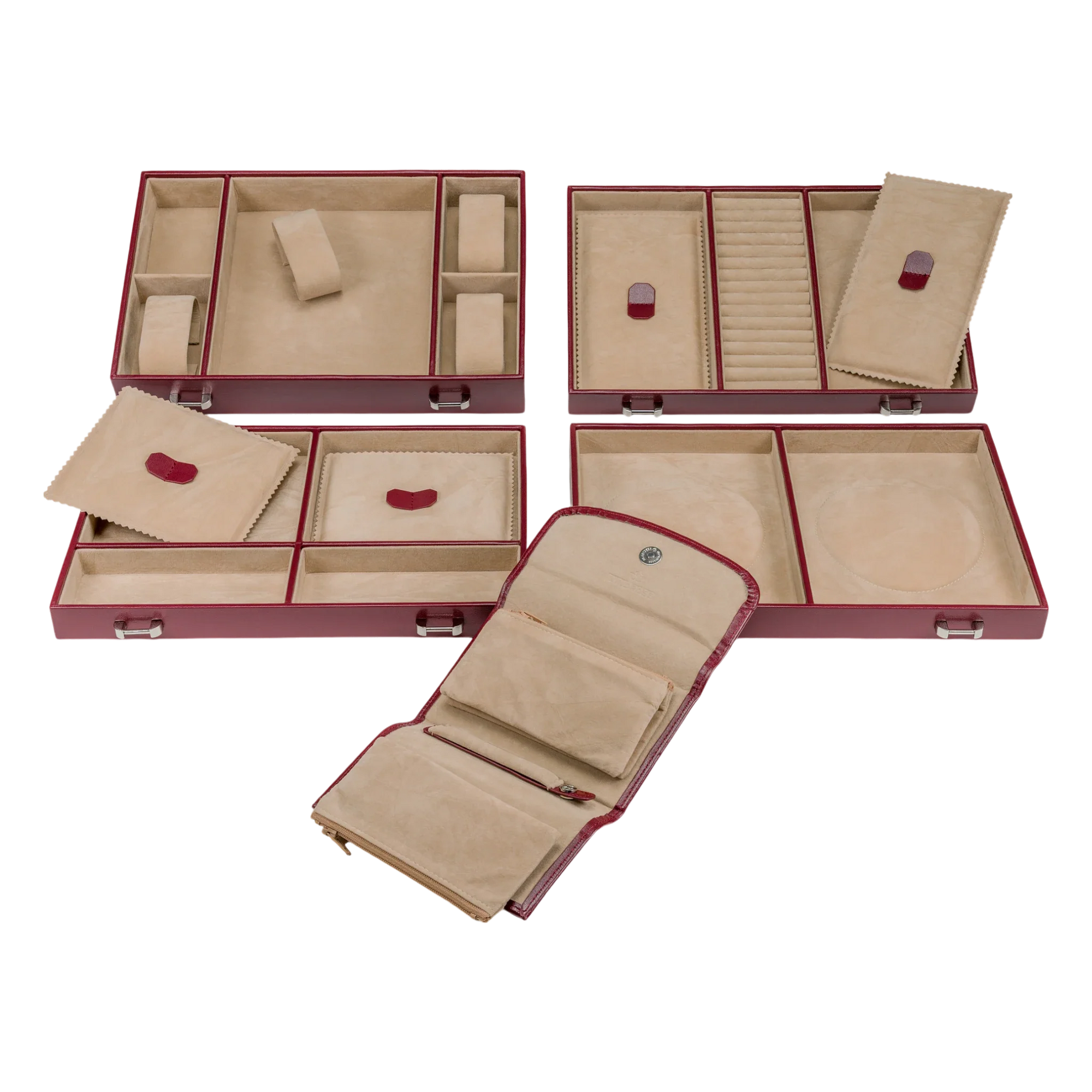 Jewelry/watch case with inlaid jewelry pouch Merino / red