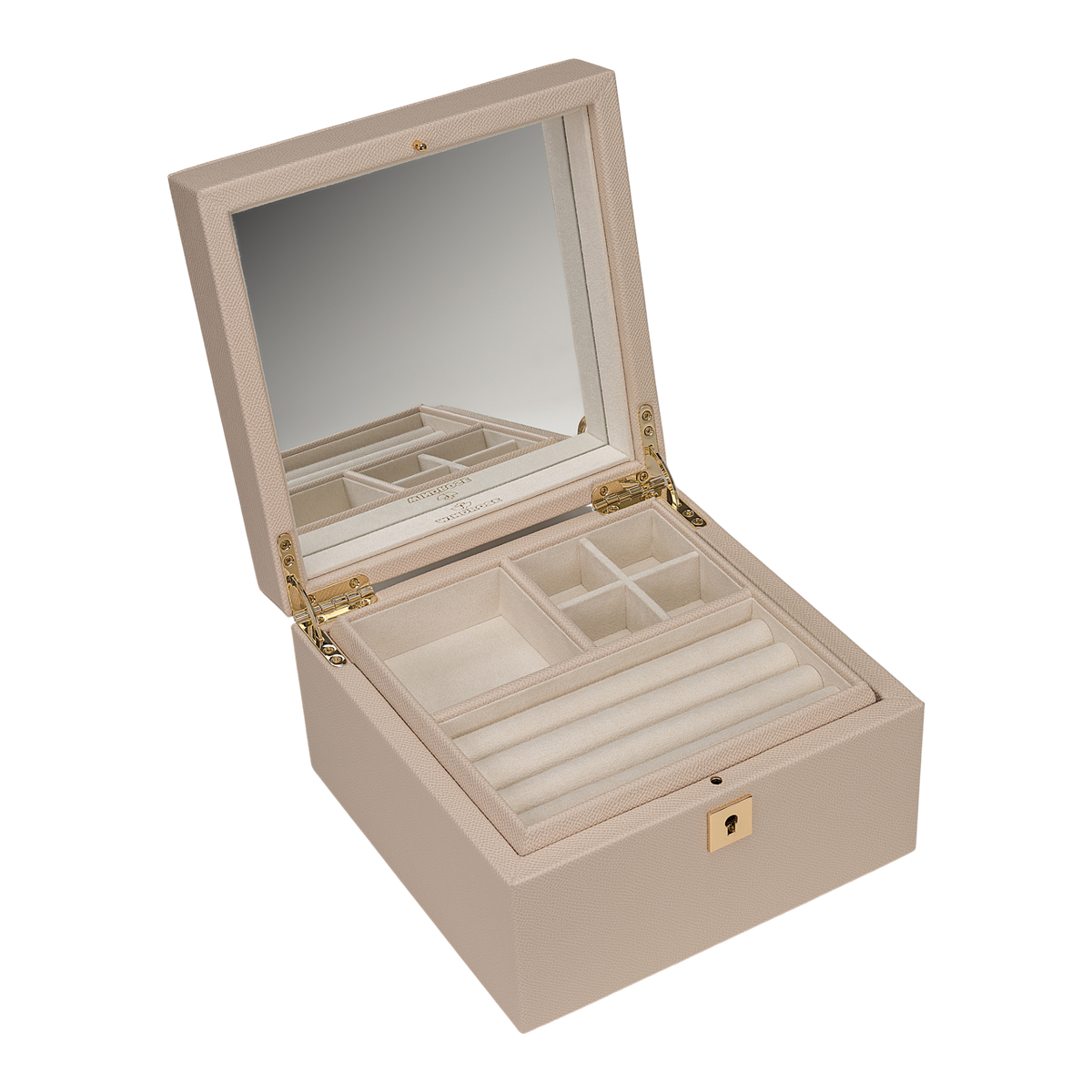 Schmuckkoffer luxora beige (Art.-Nr. 803991.12) – geöffnet mit Spiegel, Schrägansicht