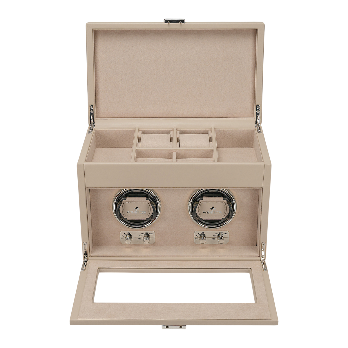 Uhrenbeweger 2 Uhren luxora beige-chrom – geöffnet, Frontansicht