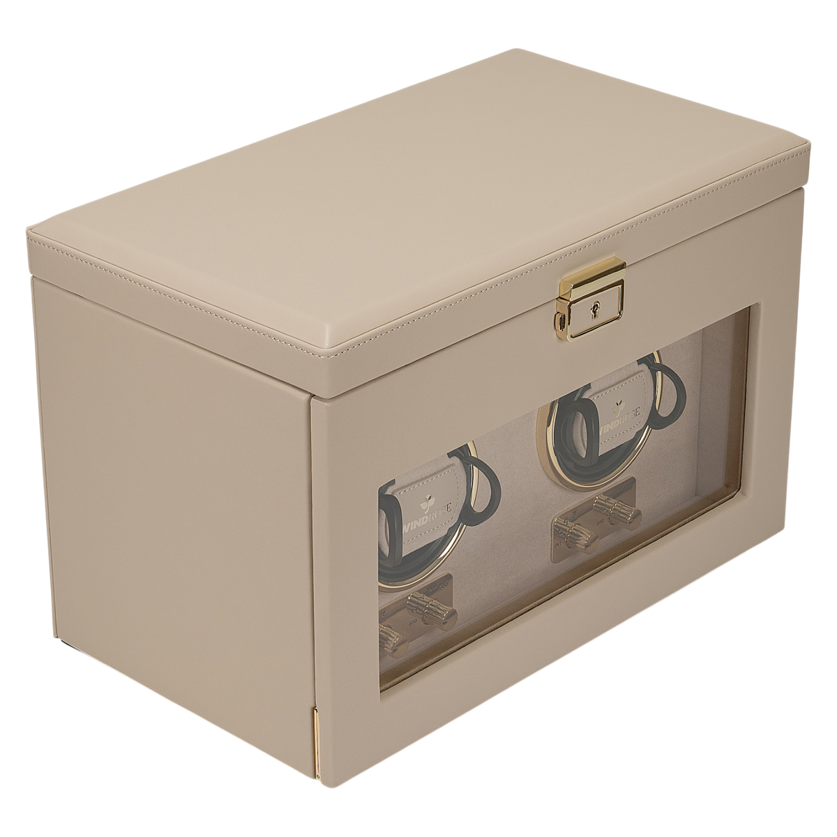 Uhrenbeweger 2 Uhren luxora beige-gold – geschlossen, Schrägansicht mit Sichtfenster
