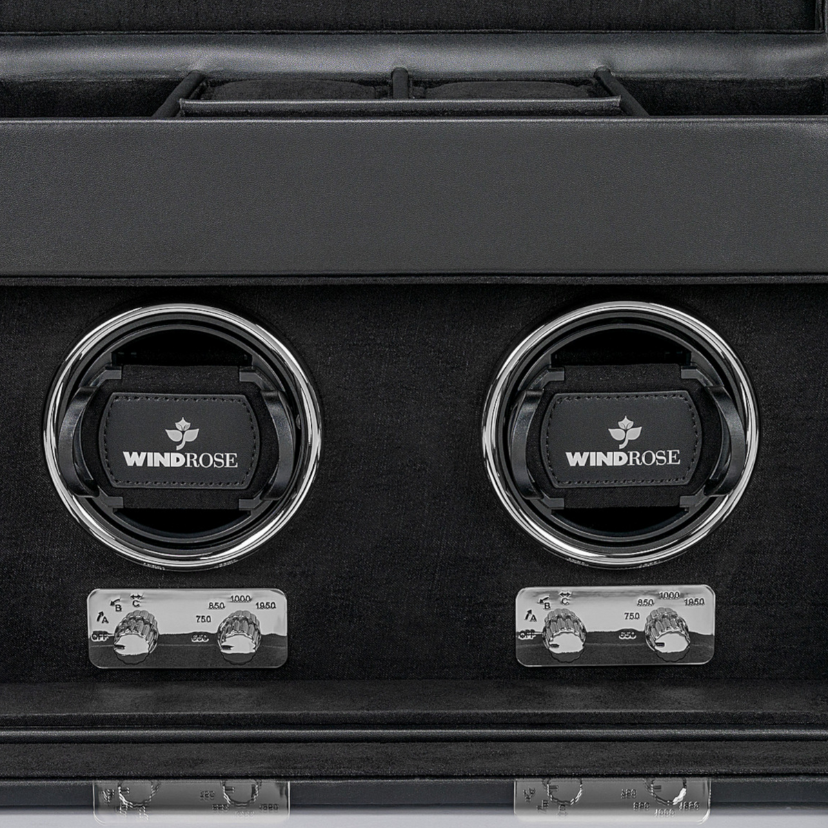 Uhrenbeweger 2 Uhren luxora schwarz-chrom – Detailansicht Uhrenhalter und Bedienfelder