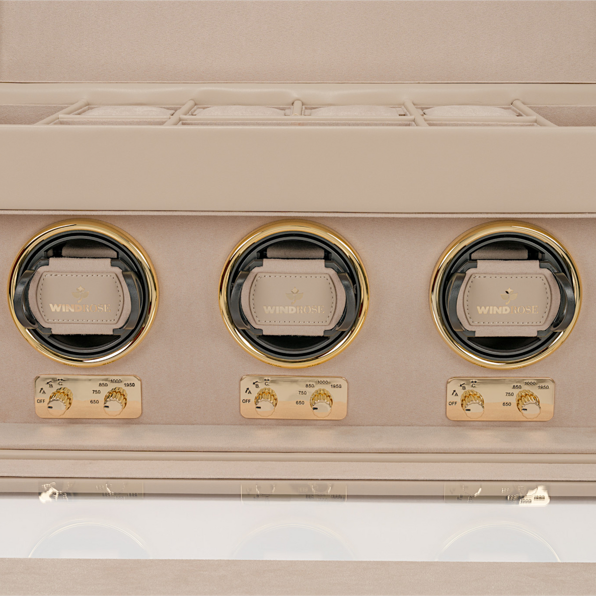 Uhrenbeweger 3 Uhren luxora beige-gold – Detailansicht Uhrenhalter und Bedienfelder