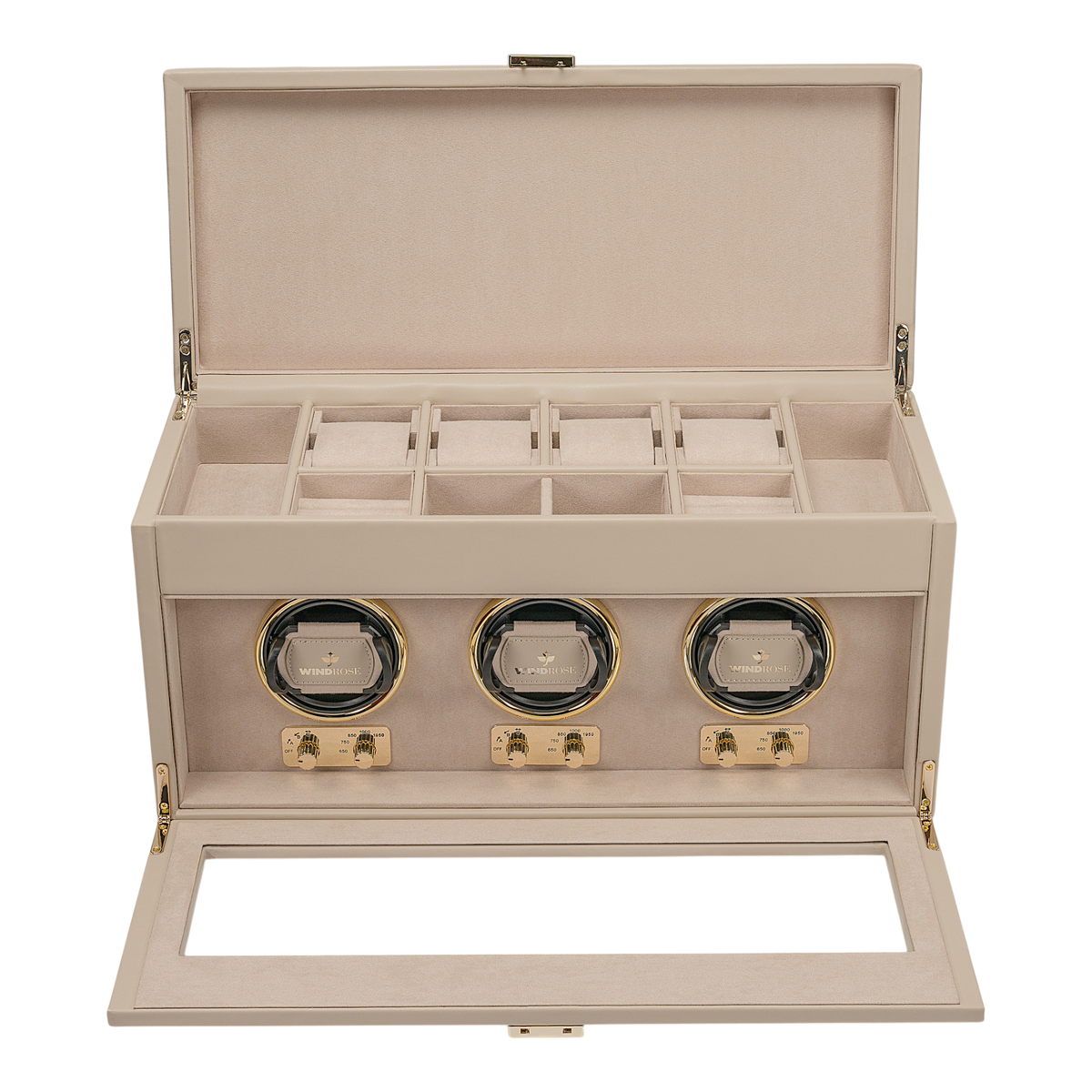Uhrenbeweger 3 Uhren luxora beige-gold – geöffnet, Frontansicht